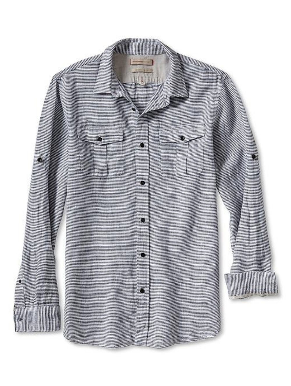 Banana Republic Heritage Horizontal Stripe Linen Long Sleeve Utility Shirt Large